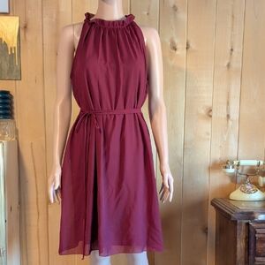 Burgundy Ruffle Neck Midi Dress